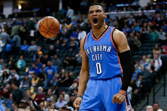 Jan 19, 2016; Denver, CO, USA; Oklahoma City Thunder guard Russell Westbrook (0) reacts after a play in the fourth quarter against the Denver Nuggets at the Pepsi Center. Mandatory Credit: Isaiah J. Downing-USA TODAY Sports