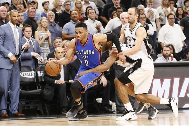 Tuesday, May 10, 2016 May 10, 2016; San Antonio, TX, USA; Oklahoma City Thunder point guard Russell Westbrook (0) drives to the basket past San Antonio Spurs small forward Kawhi Leonard (2) in game five of the second round of the NBA Playoffs at AT&T Center. Mandatory Credit: Soobum Im-USA TODAY Sports